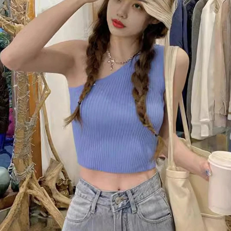 1pcs Women Sports Tank Tops Girls Sexy Crop Tops Lady Fresh Casual Vest Female One Shoulder Summer Tops Fitness Elastic