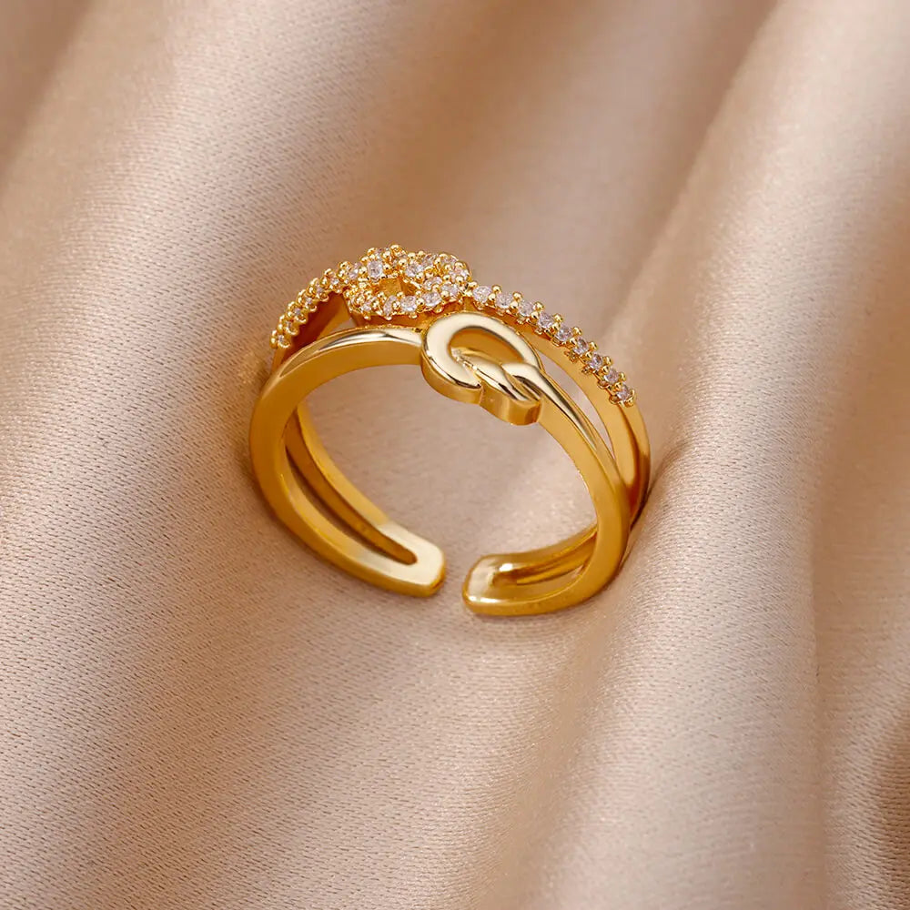 Knot Zircon Ring for Women Stainless Steel Gold Color Open Finger Rings Aesthetic Waterproof Jewelry Accessories anillo mujer