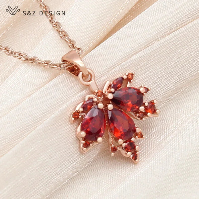 S&Z DESIGN New Fashion 585 Rose Gold Color Red Maple Leaf Zirconia Dangle Earrings Jewelry Sets For Women Wedding Necklace
