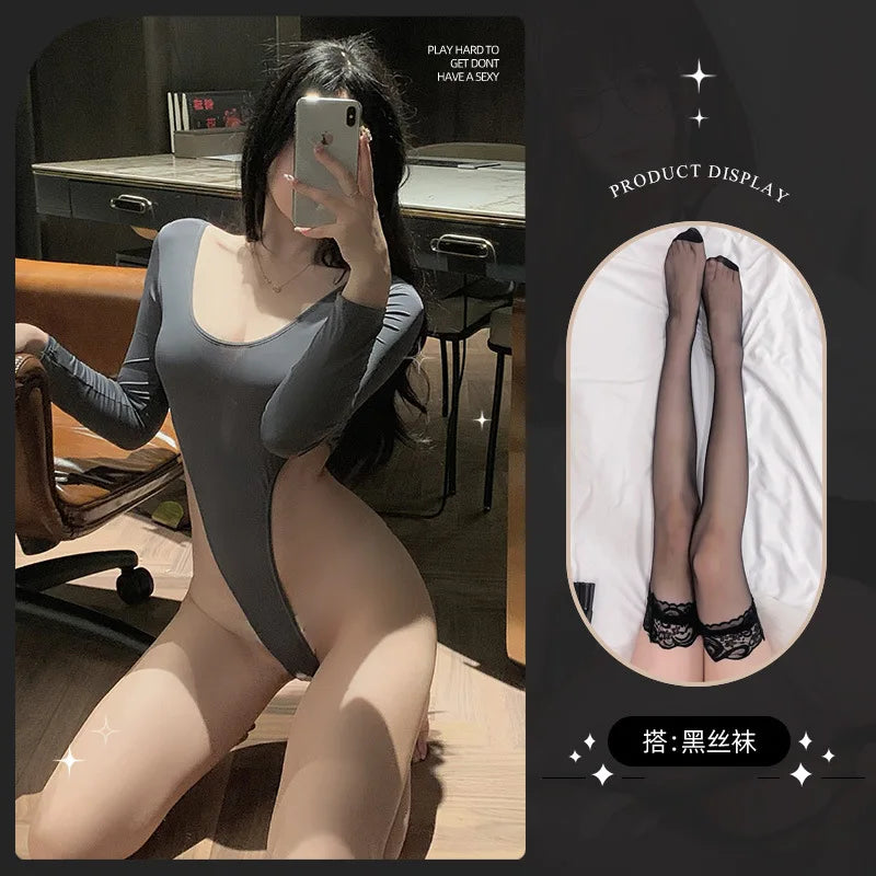 New Spring/Summer sexy lingerie nightgown body suits Long sleeved pure desire Solid color slim fit Appear thin 8194 MVLJ