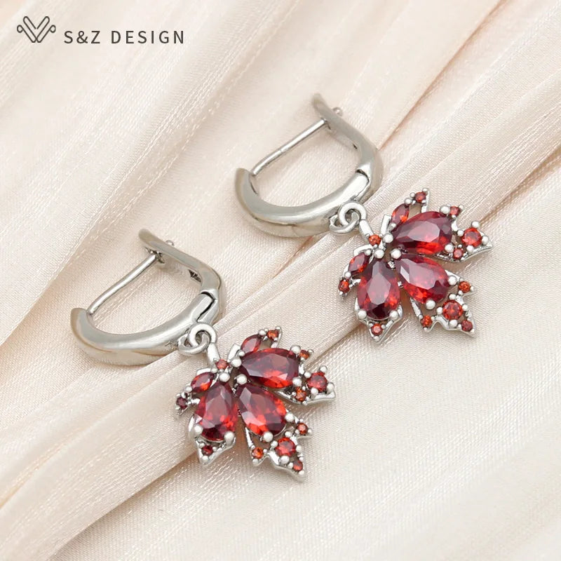S&Z DESIGN New Fashion 585 Rose Gold Color Red Maple Leaf Zirconia Dangle Earrings Jewelry Sets For Women Wedding Necklace