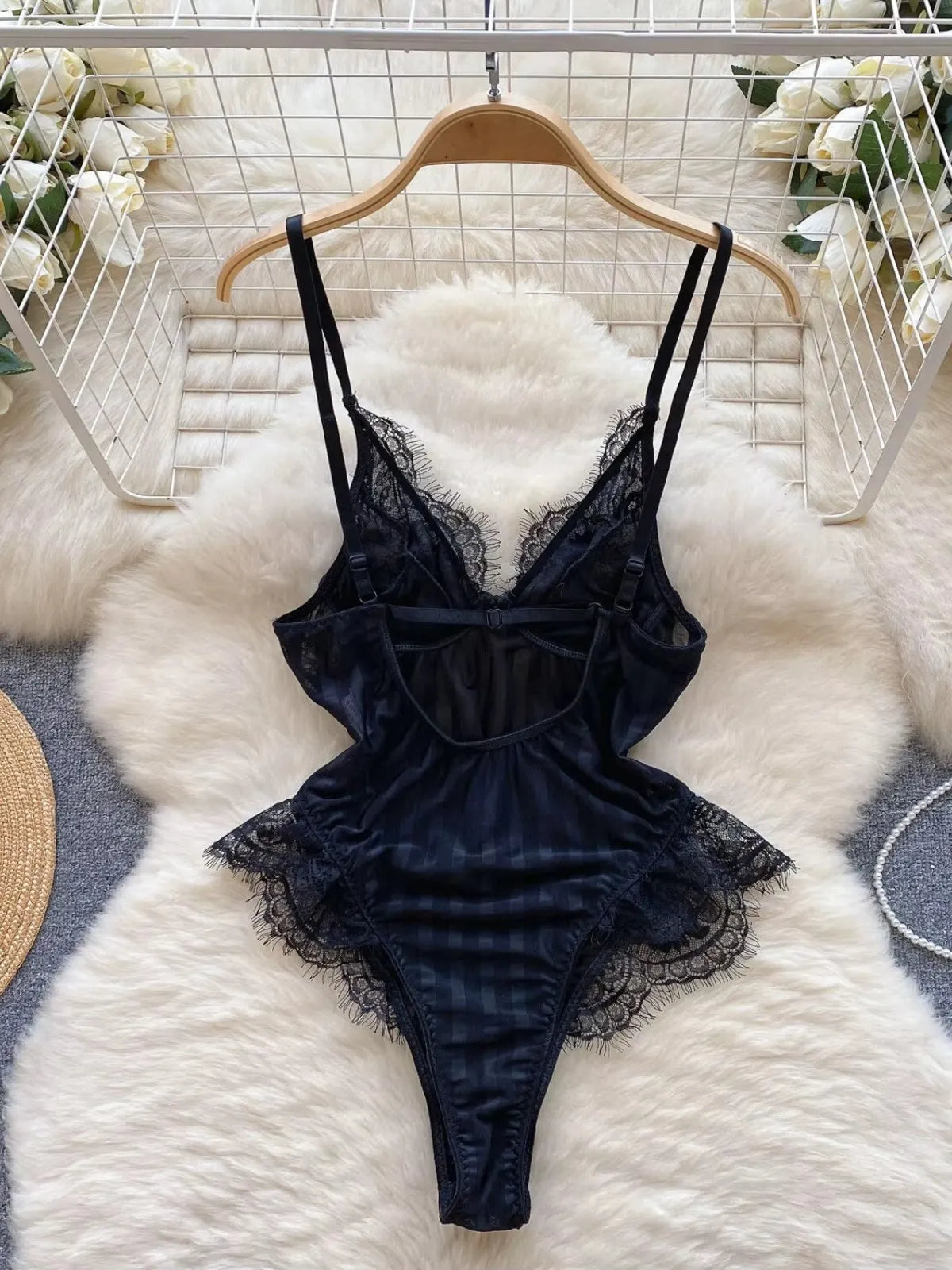 ssTss Black Vest Sling Bodysuit Women's Sexy Backless Mesh Lace Design Slim Fit Body Tight One-pieces Top Lingerie Rompers