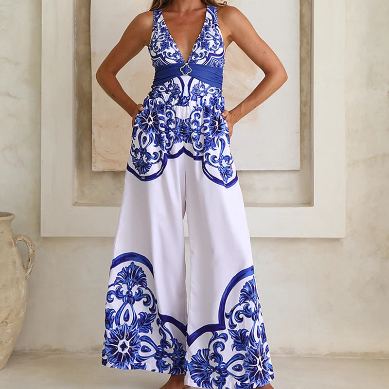 Woman Swimsuits 2025 Beach Dress V Neck Classic Majolica Series Pattern Print One Piece Swimsuit and Pants or Shorts Beachwear