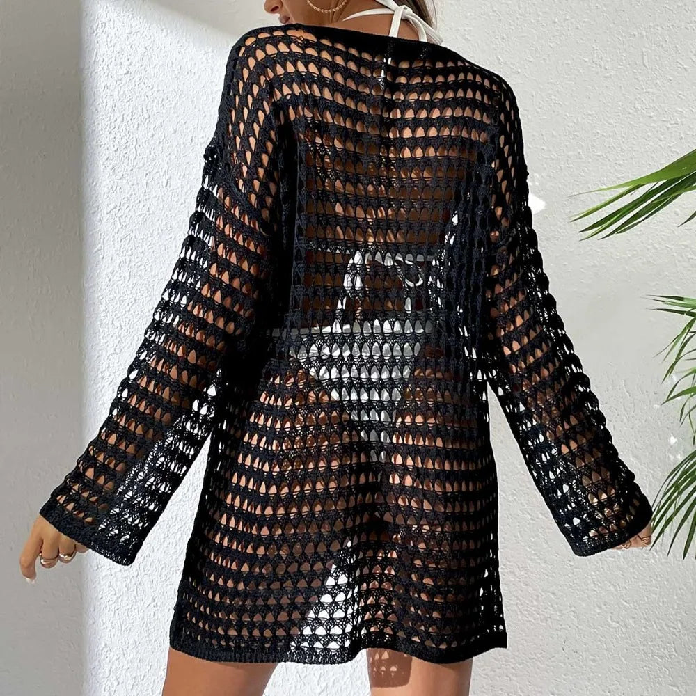 New Summer Women's Knitted Hollow Pullover Round Neck Long-sleeved Swimsuit Hood