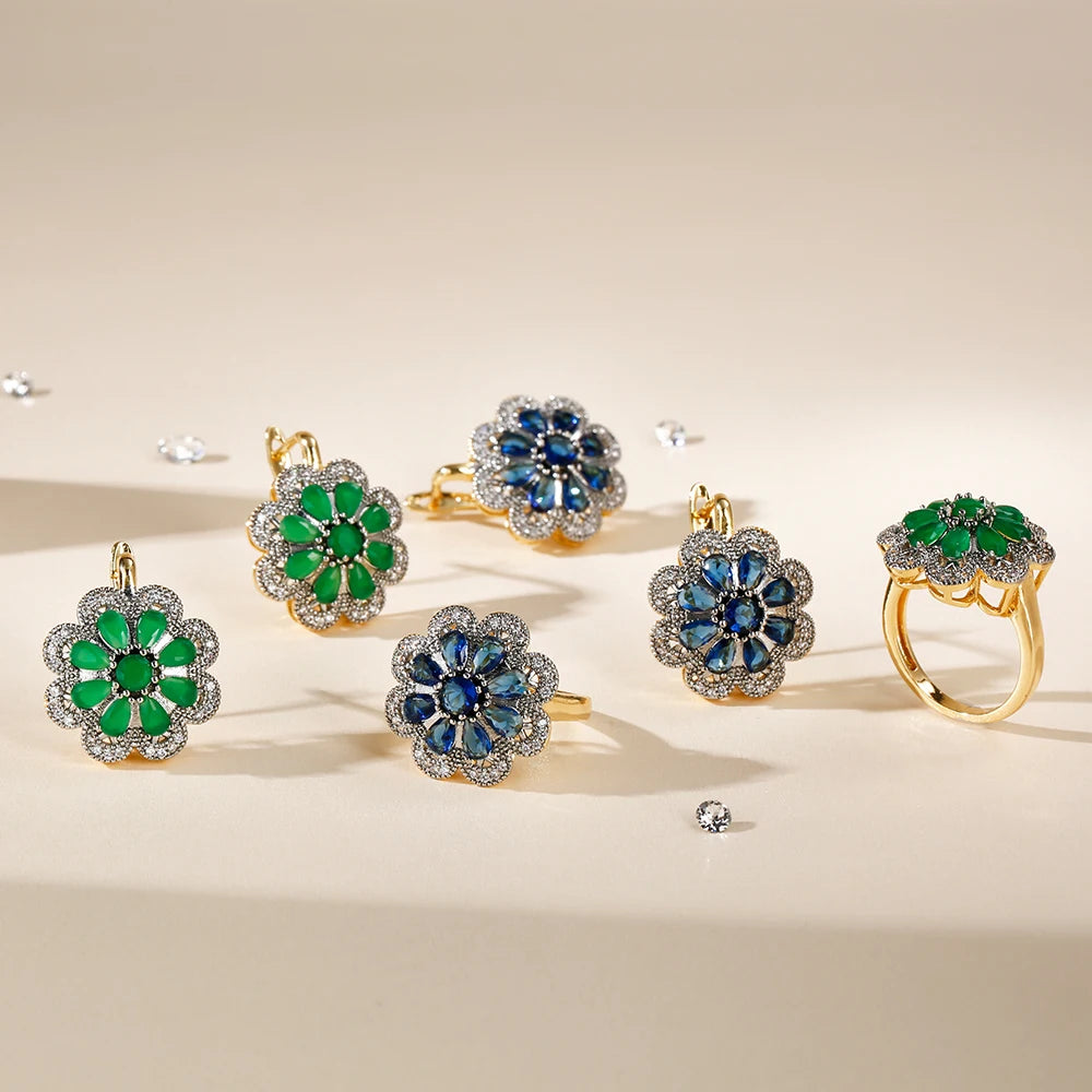 Flower-shaped inlaid zircon women's luxury earrings ring set fashion jewelry copper plated 14K gold banquet party gift