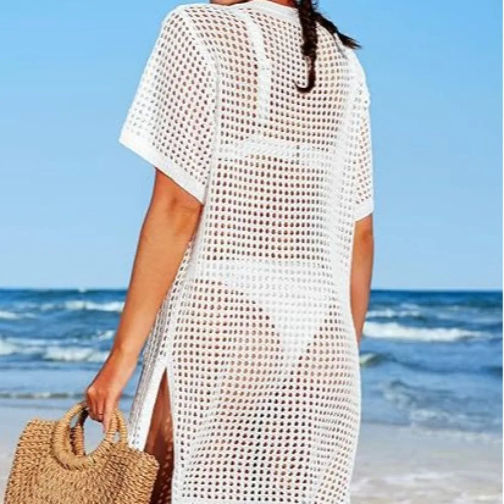 Beach Shirt Hollow Knitted Short Sleeve Cardigan Seaside Vacation Swimsuit Sunscreen Clothes Women