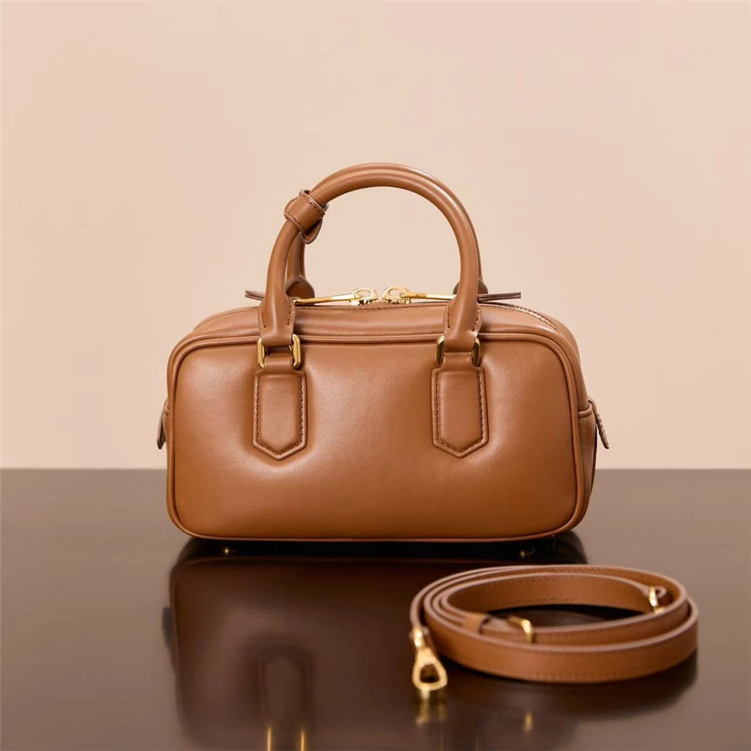 Portable Bowling Bag For Women Luxury Crossbody Bag Real Cowhide Leather Versatile Handbag Fashion Designer Lady Tote Bags
