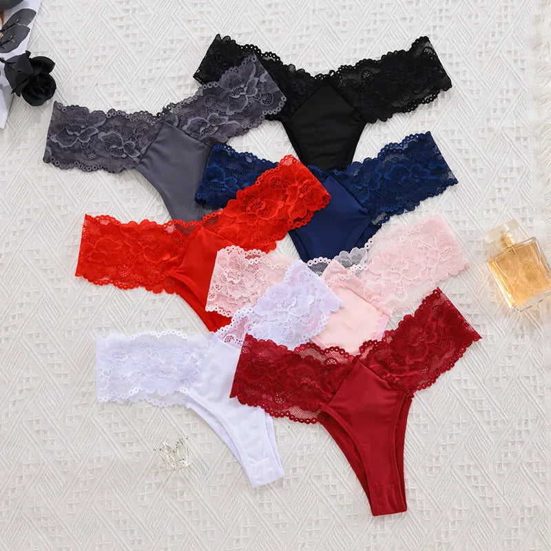 Sexy Sheer Lace Mid-Rise Women's Thong Panties - Nylon Knit Underwear, Lingerie Intimates for Ladies | Comfortable Hollow Design
