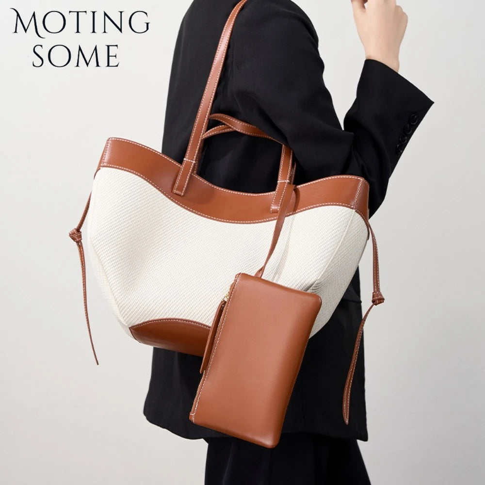 Motingsome Summer Tote Bag Woman Holiday Handbag Luxury Designer Bags Cotton Fabric with Cow Leather Shoulder Purses 2025 New