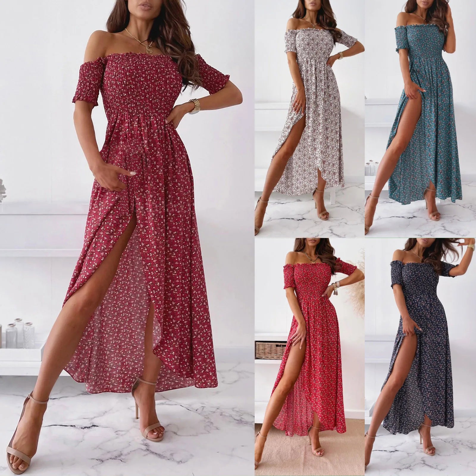 Women Elegant Floral Printed Long Dresses 2023 Summer Sexy Off Shoulder High Slit Party Beach Maxi Dress Ladies Boho Dress