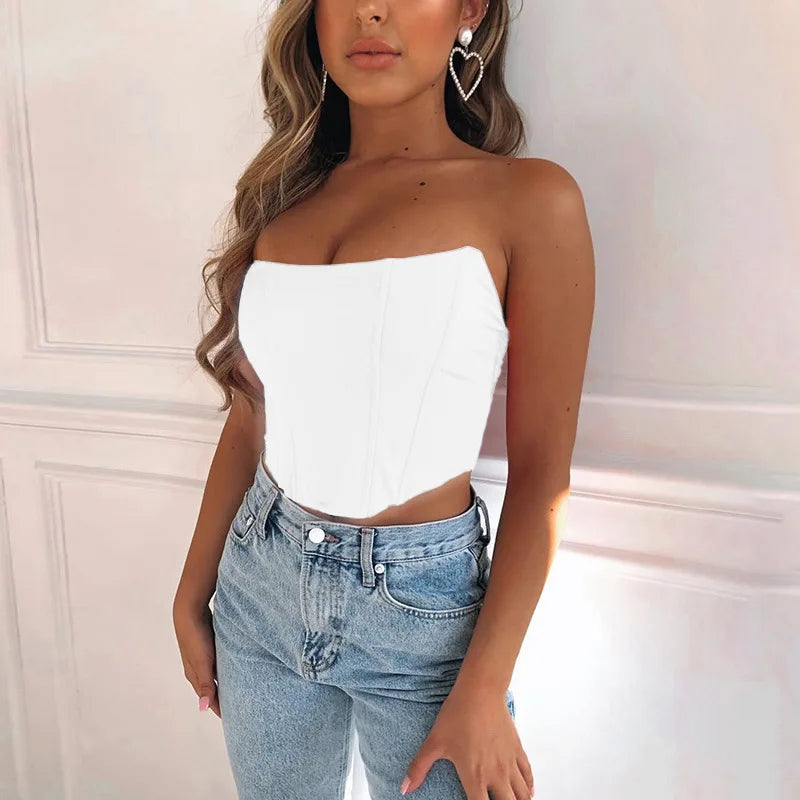 1pcs Sleeveless Off Shoulder Fashion Sexy Corset Crop Tops Vest Female Underwear Backless Bustier Top Solid S M L