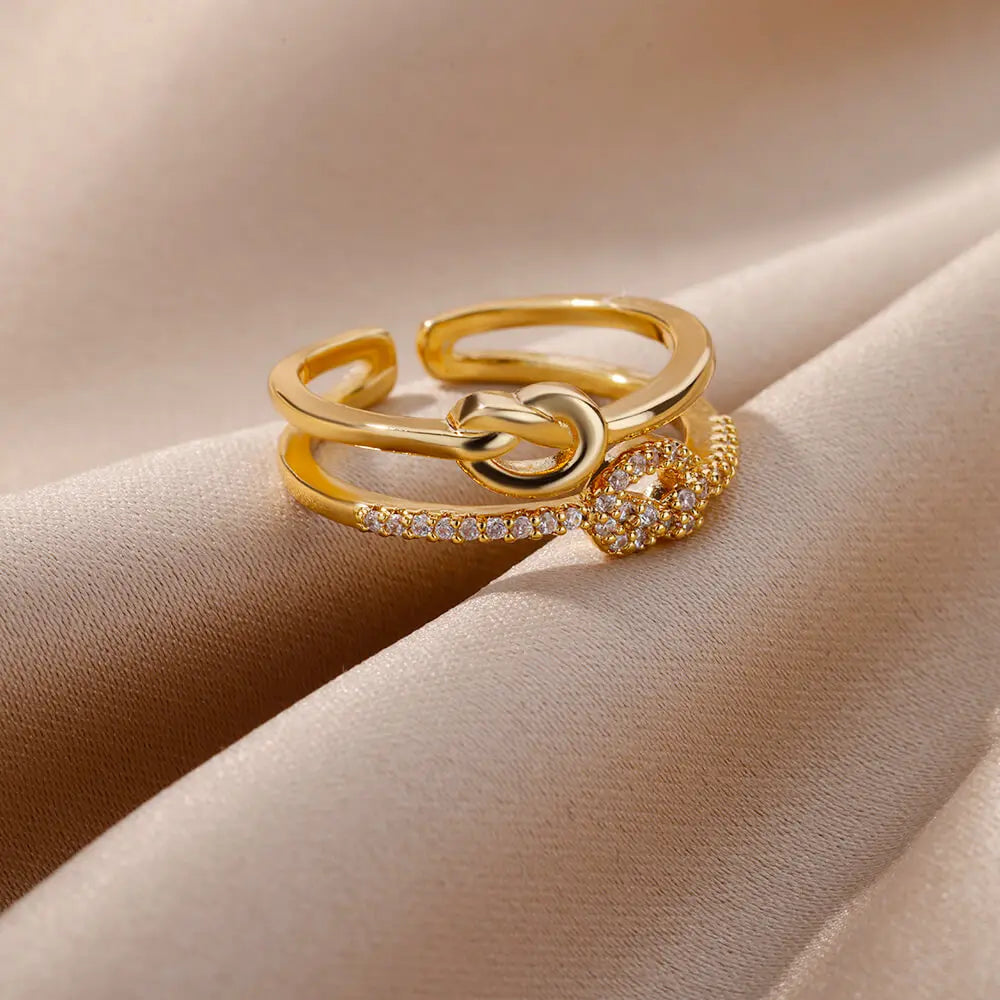 Knot Zircon Ring for Women Stainless Steel Gold Color Open Finger Rings Aesthetic Waterproof Jewelry Accessories anillo mujer