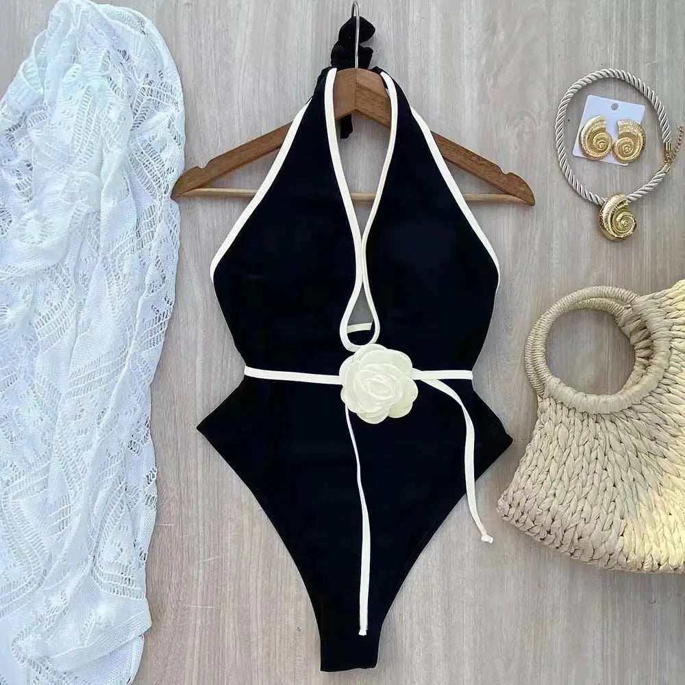 2025 Floral One Piece Swimsuit New Halter Bandage Swimwear Women Swimsuit Bathing Suit Beachwear Monokini Female Swimming Suits