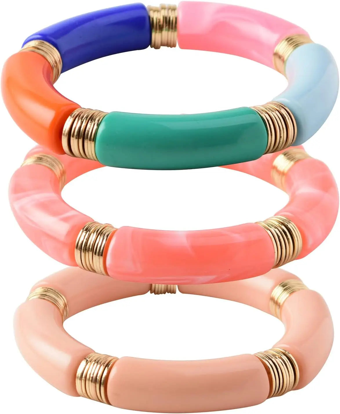 Simple Beaded Gold Bangle Bracelet Chunky Bamboo Tube Curved Stacking Clear Acrylic Colorful Stretchable Bracelets Set For Women