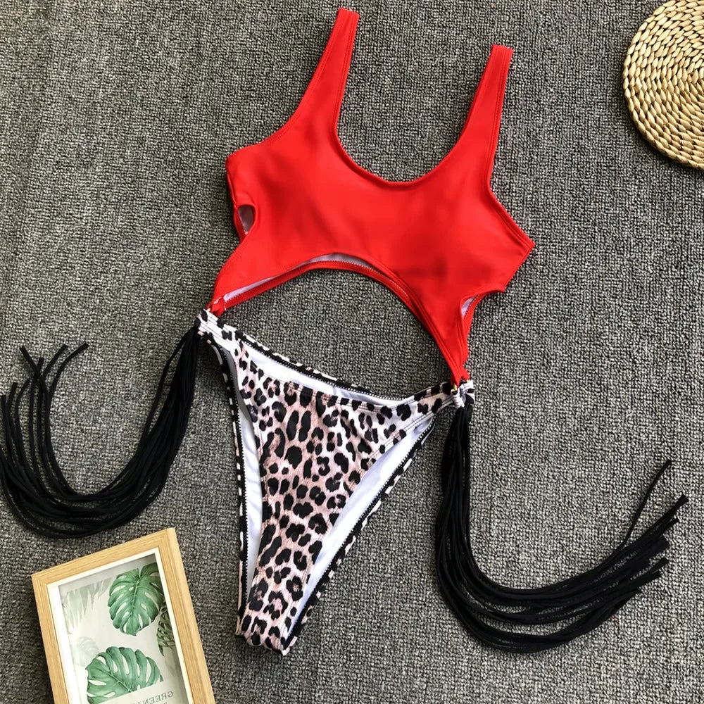 Sexy Hollow Out One Piece Swimsuit Leopard Brazilian Swimwear Hot Push Up Beachwear High Cut Monokini Bodysuits Swim