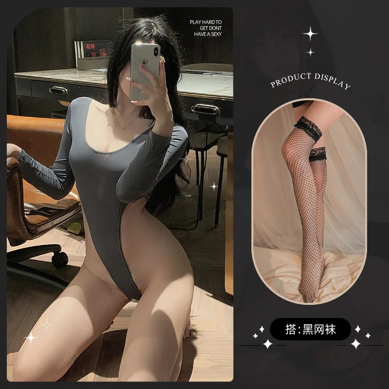 New Spring/Summer sexy lingerie nightgown body suits Long sleeved pure desire Solid color slim fit Appear thin 8194 MVLJ