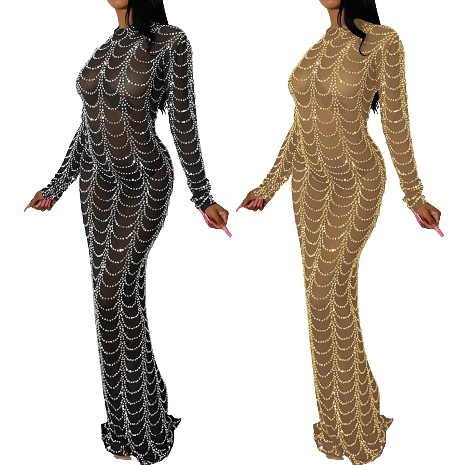 Women Rhinestone Sexy Nightclub Dress Transparent Mesh Hip Hugging Floor Length Dresses For Women Long Sleeve Fashion Sexy Dress