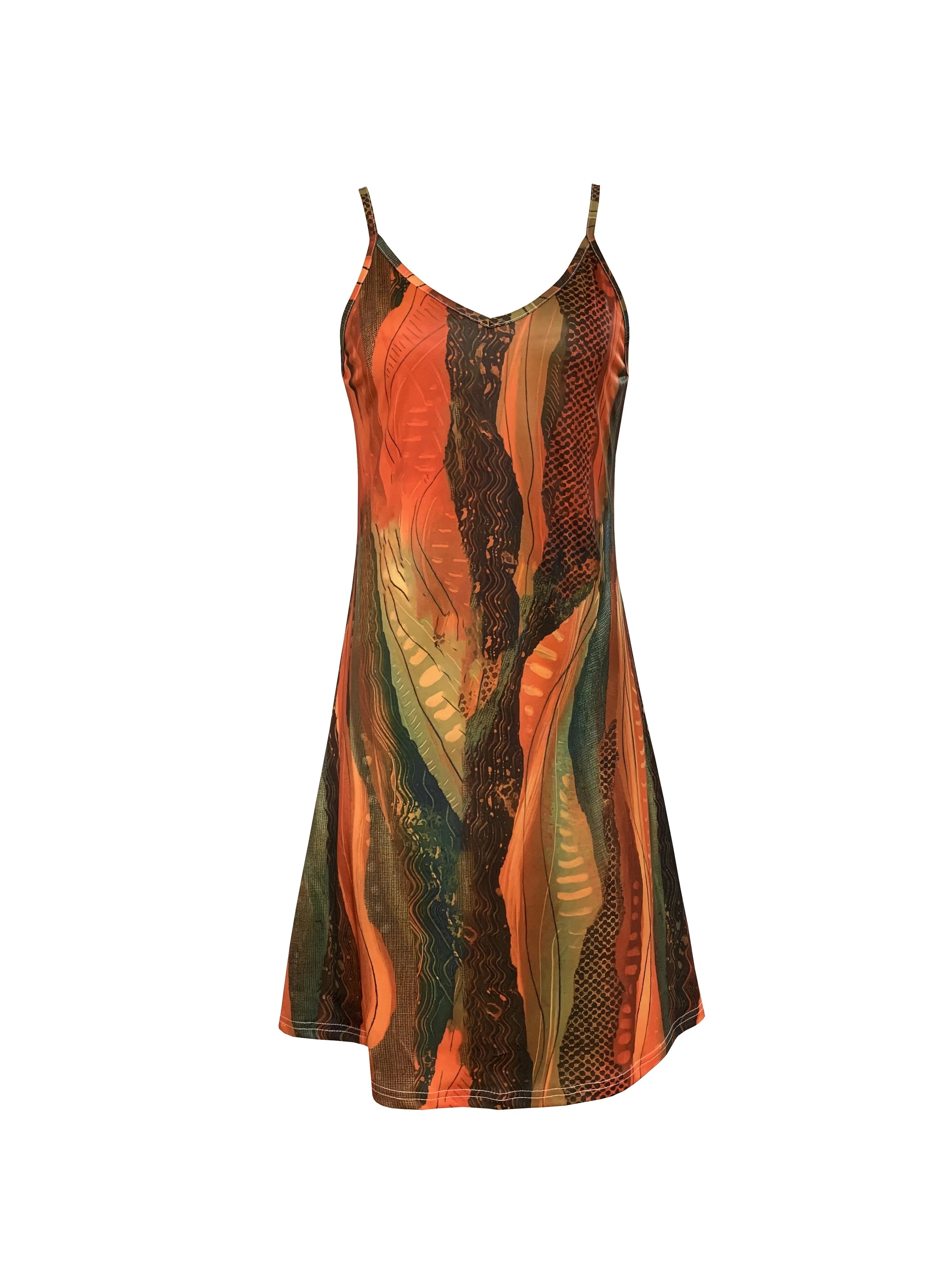 Women's Summer Spaghetti Strap Dress, Colorful Abstract Print, Ideal Vacation Outfits, Flowy Casual Dress, Must - Have Clothes
