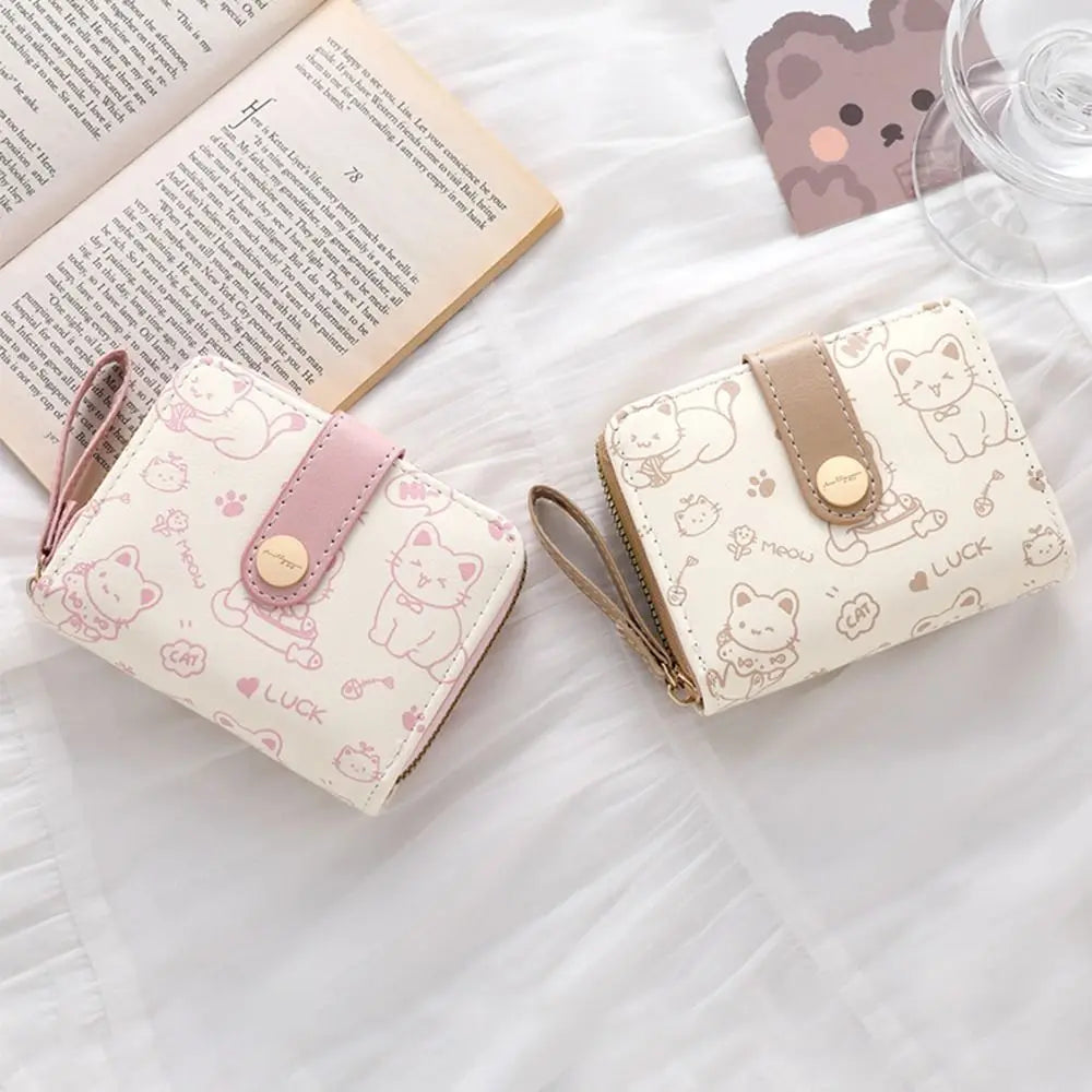 Cute Cat Coin Purse Women Fashion Short Wallet PU Leather Large Capacity Wallet Lightweight ID Card Holder Travel Cash Coin Bag