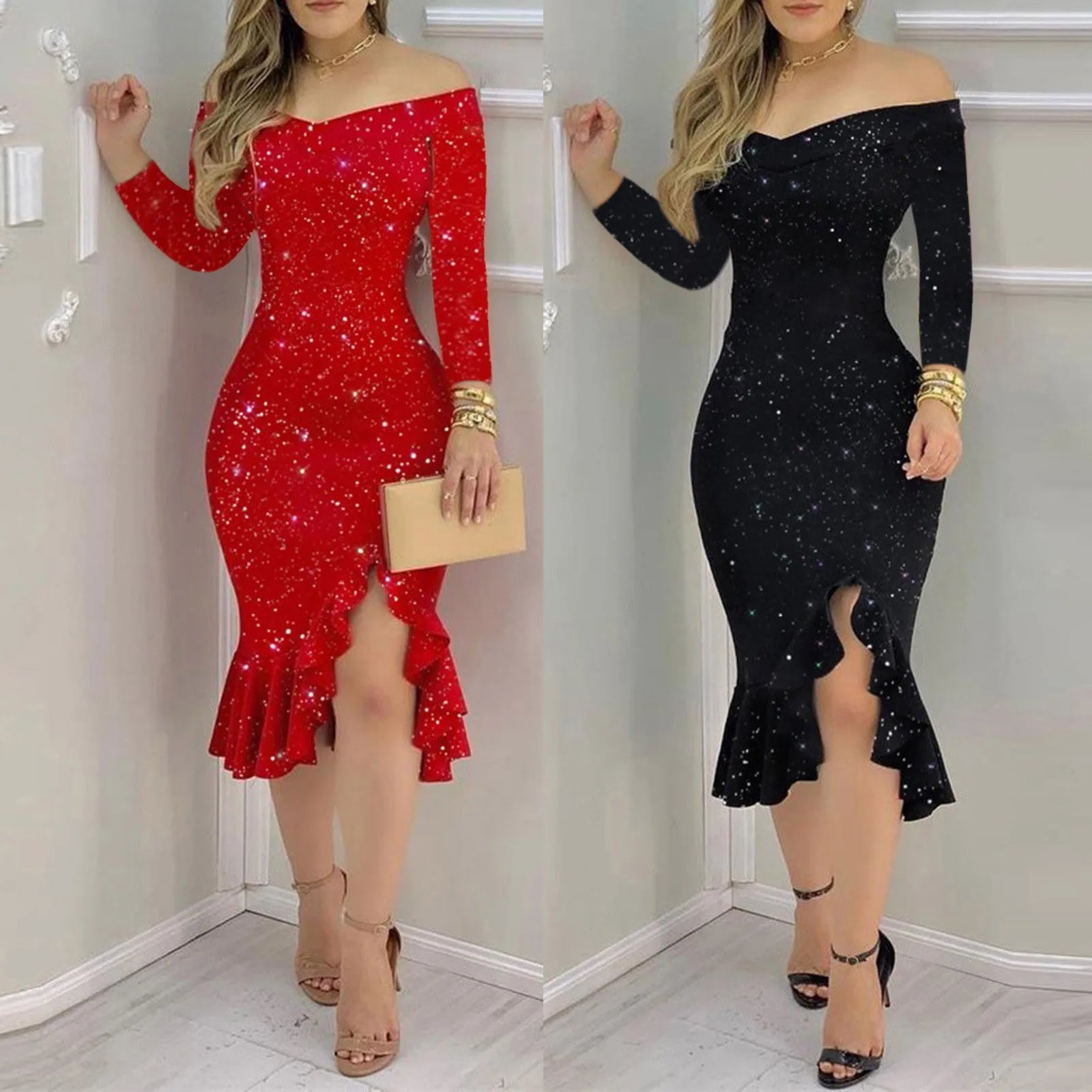 Women Party Sequin Dress Sexy Off Shoulder Robe Femme Ruffle Hem Slit Slim Bodycon Dresses Fashion Solid Female Vestidos
