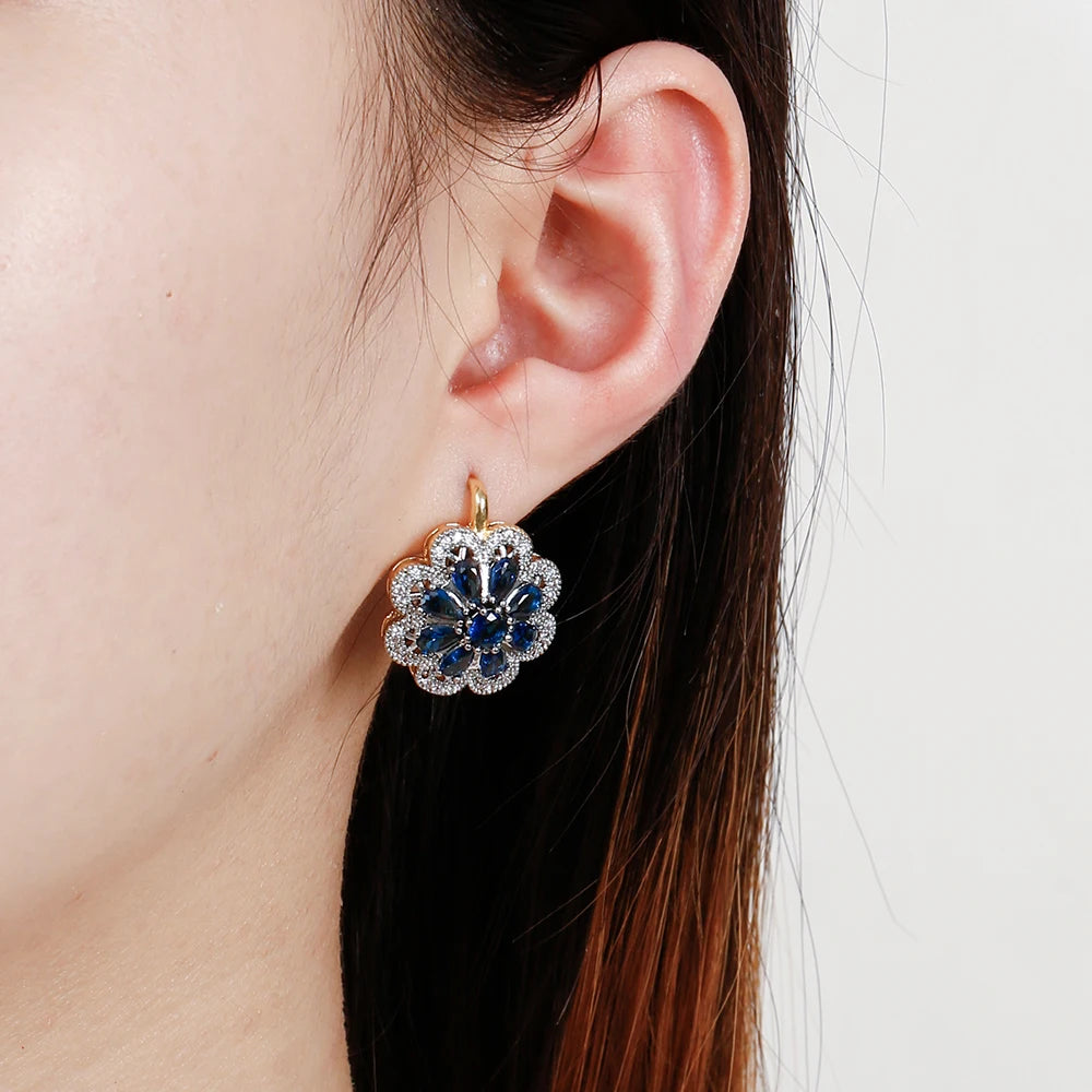 Flower-shaped inlaid zircon women's luxury earrings ring set fashion jewelry copper plated 14K gold banquet party gift