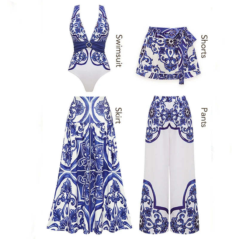 Woman Swimsuits 2025 Beach Dress V Neck Classic Majolica Series Pattern Print One Piece Swimsuit and Pants or Shorts Beachwear