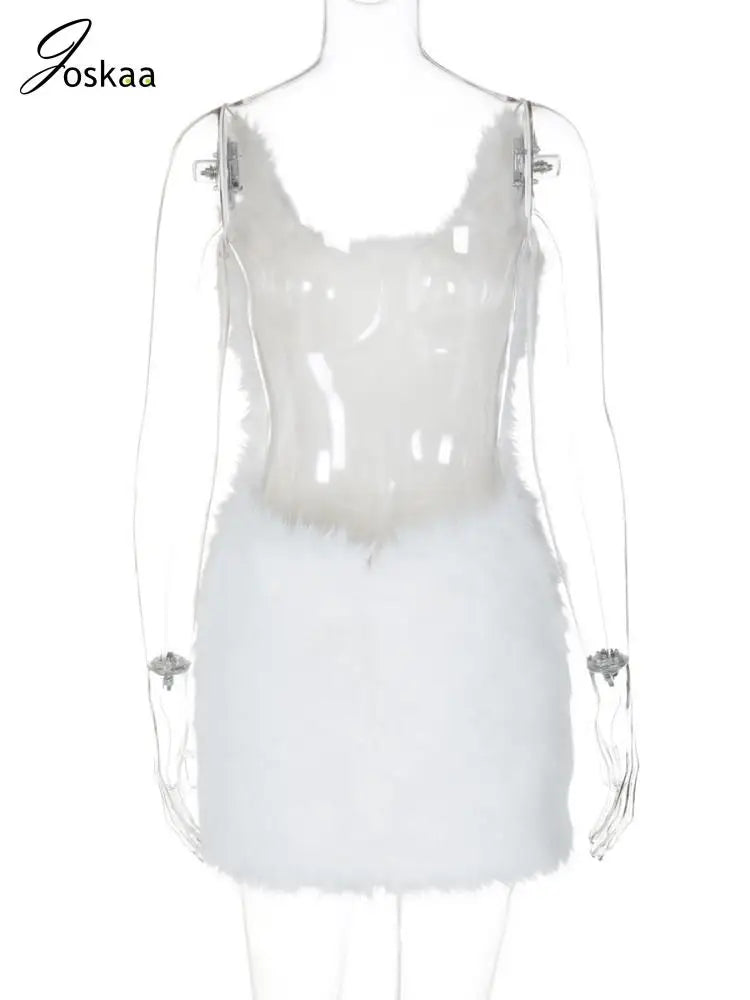 Joskaa Sexy Furry Mini White Dress Women Hipster Spaghetti Strap Low Cut Backless Body-Shaping Vestidos Birthday Party Clubwear