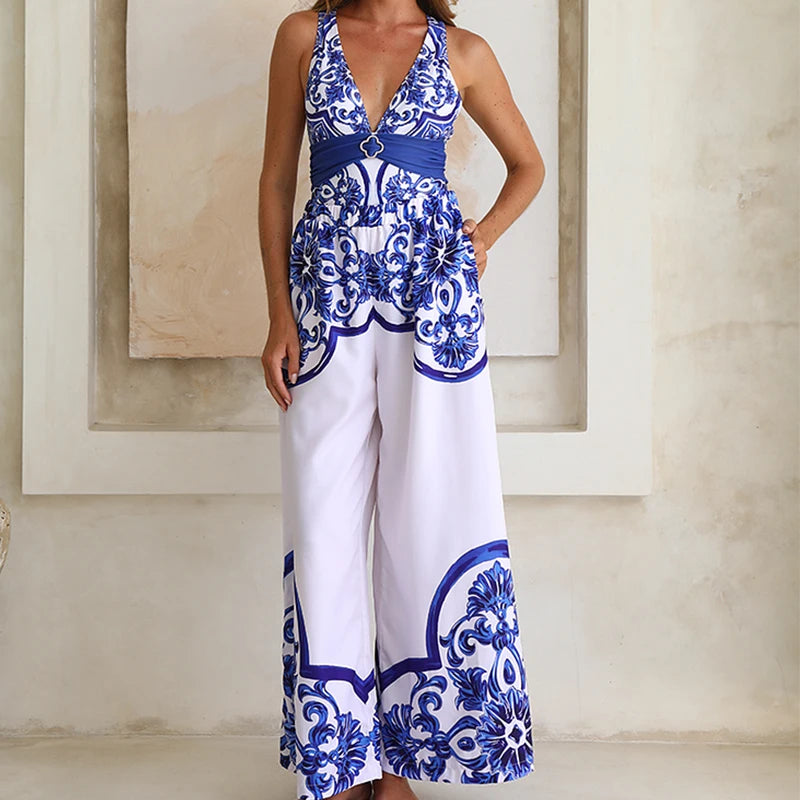 Woman Swimsuits 2025 Beach Dress V Neck Classic Majolica Series Pattern Print One Piece Swimsuit and Pants or Shorts Beachwear