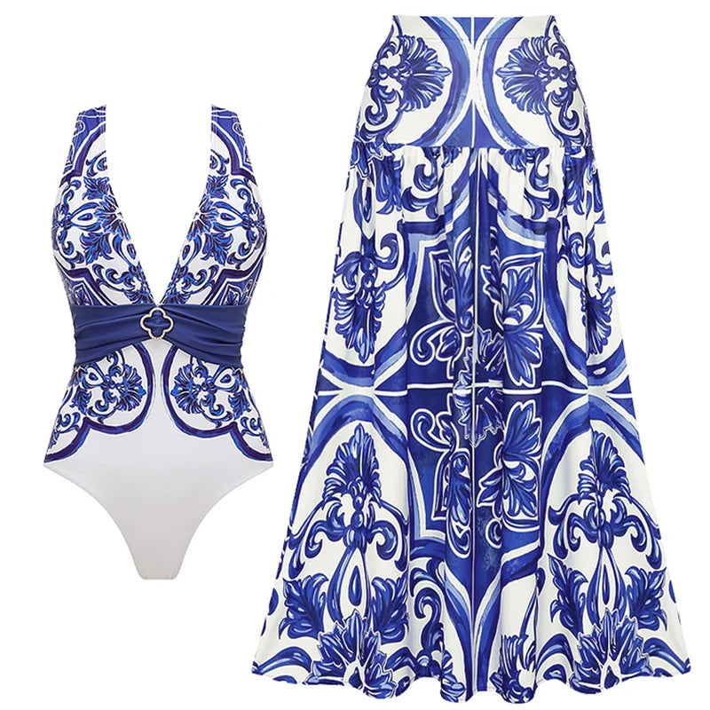 Woman Swimsuits 2025 Beach Dress V Neck Classic Majolica Series Pattern Print One Piece Swimsuit and Pants or Shorts Beachwear