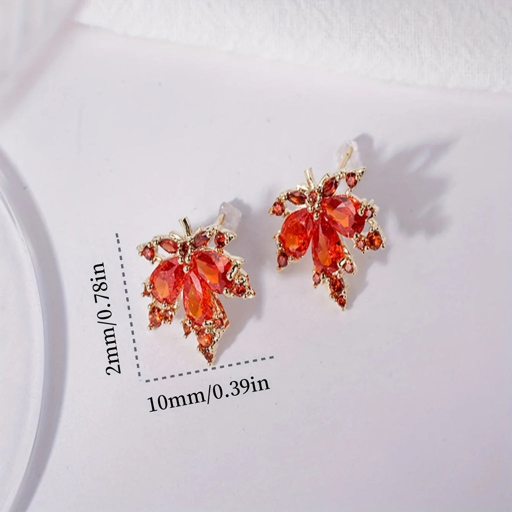 Red Maple Leaf Pendant Necklace and Earrings Two-Piece Set, Niche Light Luxury Women's Earrings and Necklace Set Birthday and New Year Gift