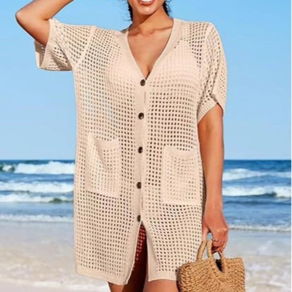 Beach Shirt Hollow Knitted Short Sleeve Cardigan Seaside Vacation Swimsuit Sunscreen Clothes Women