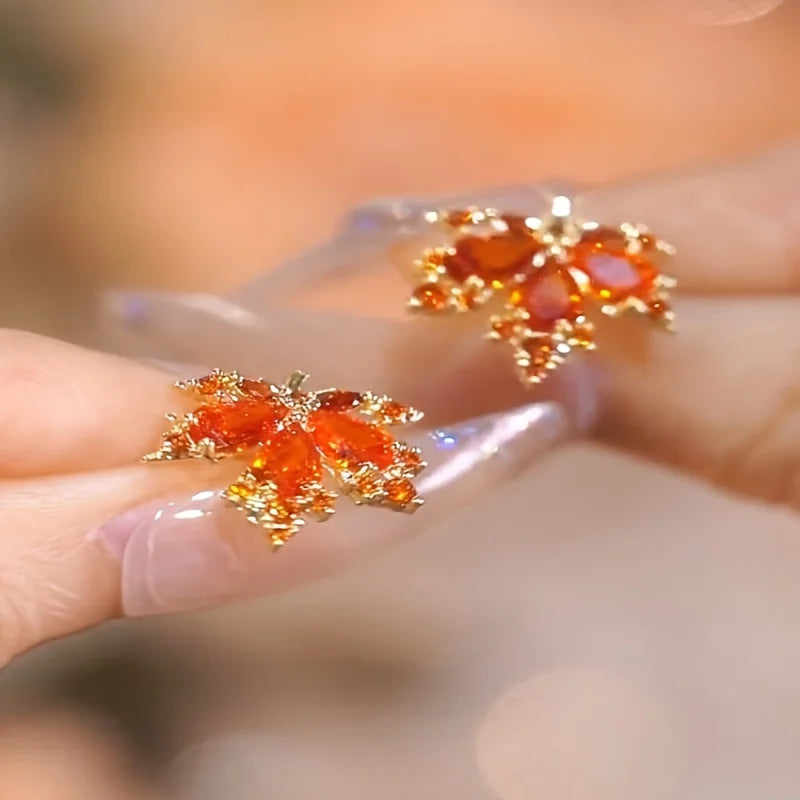 Red Maple Leaf Pendant Necklace and Earrings Two-Piece Set, Niche Light Luxury Women's Earrings and Necklace Set Birthday and New Year Gift