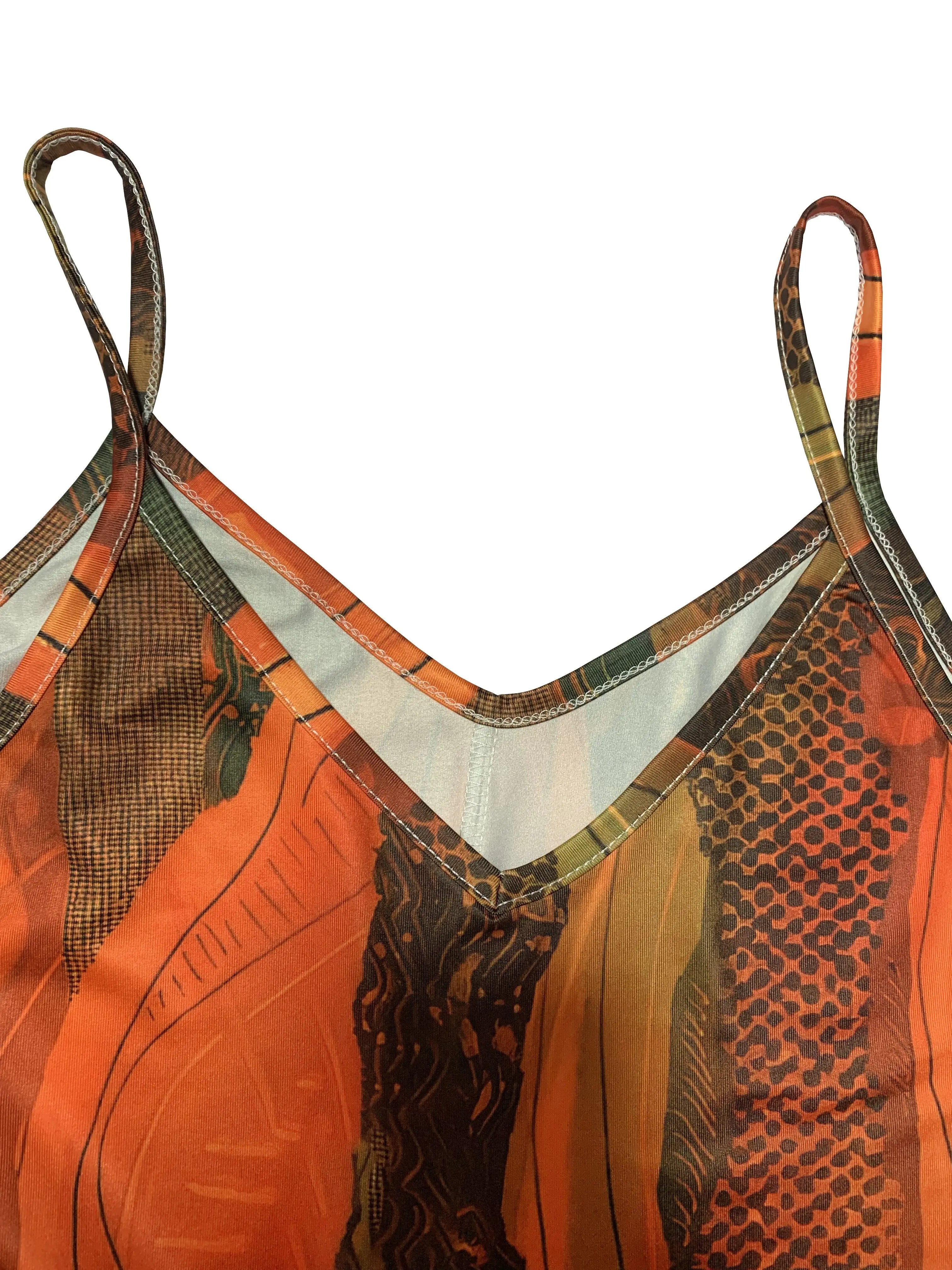 Women's Summer Spaghetti Strap Dress, Colorful Abstract Print, Ideal Vacation Outfits, Flowy Casual Dress, Must - Have Clothes