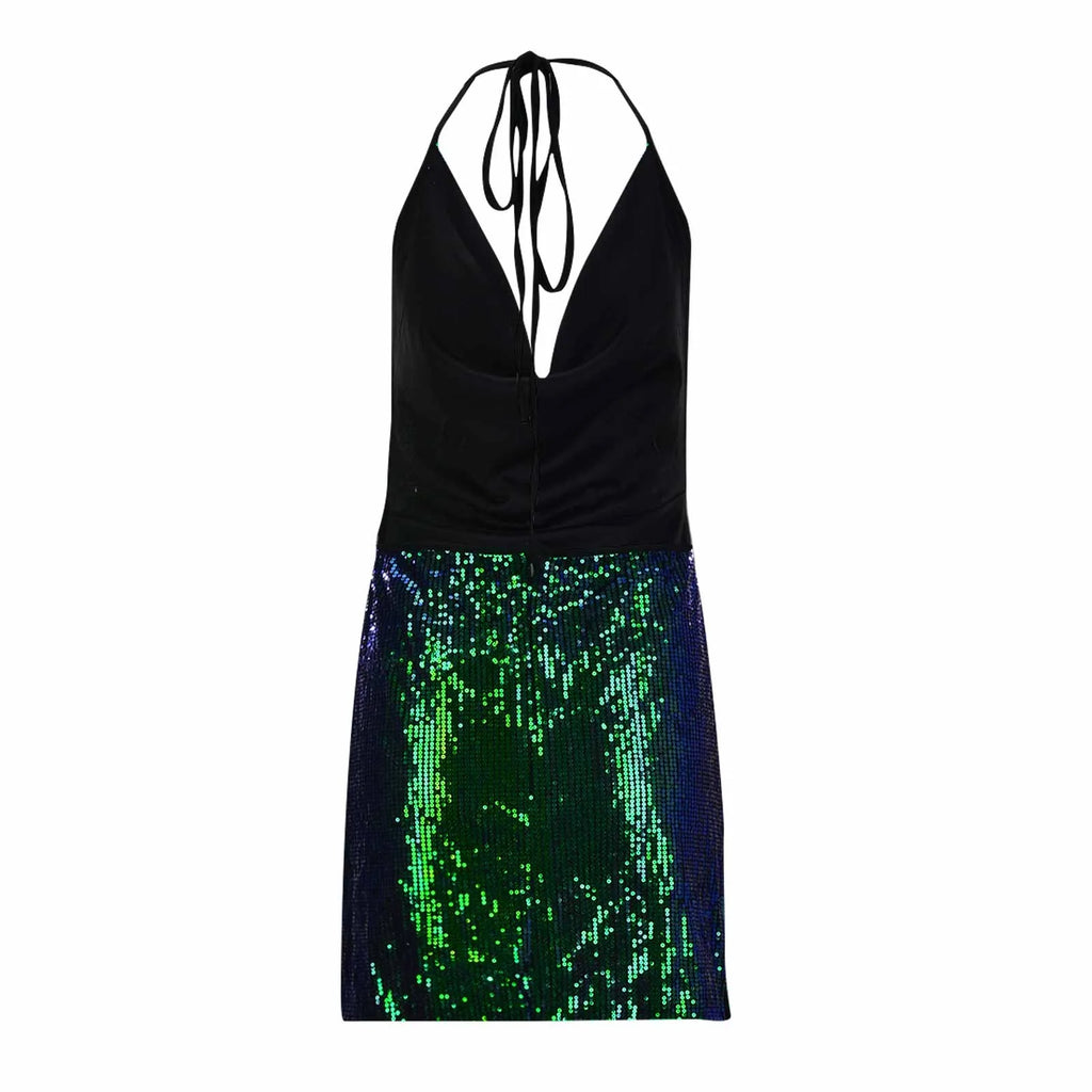 Women's Sexy Dresses Sequin Backless Deep V-Neck Sleeveless Halter Mini Dress Bodycon Pleated Low Cut Clubwear Party Dress