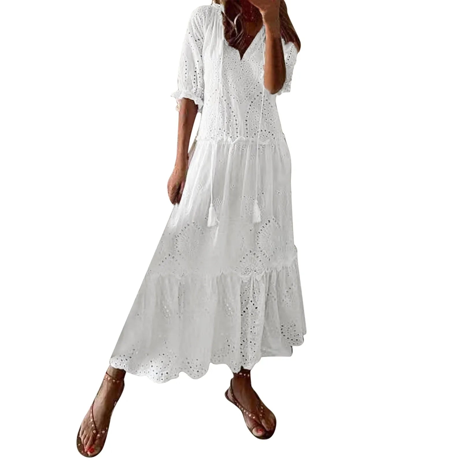 Ladies Hollow Solid Casual Dresses Leisure Sweet V Neck Summer Dress Hanging Beard Short Sleeve Medium Length Dress For Women