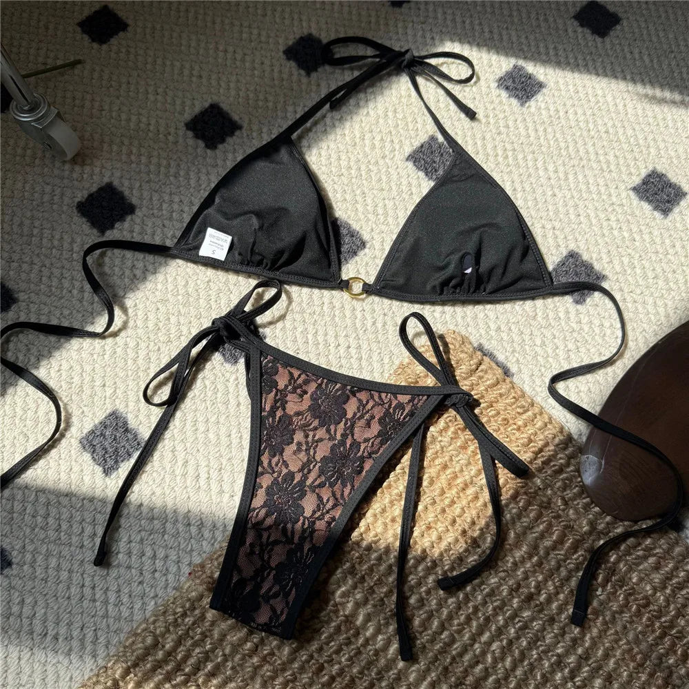 Sexy Black Lace Mesh Swimwear Halter String Triangle Bikinis Sets Mini Micro Thong Swimsuit Woman 2025 Bathing Suit Bikini Mujer