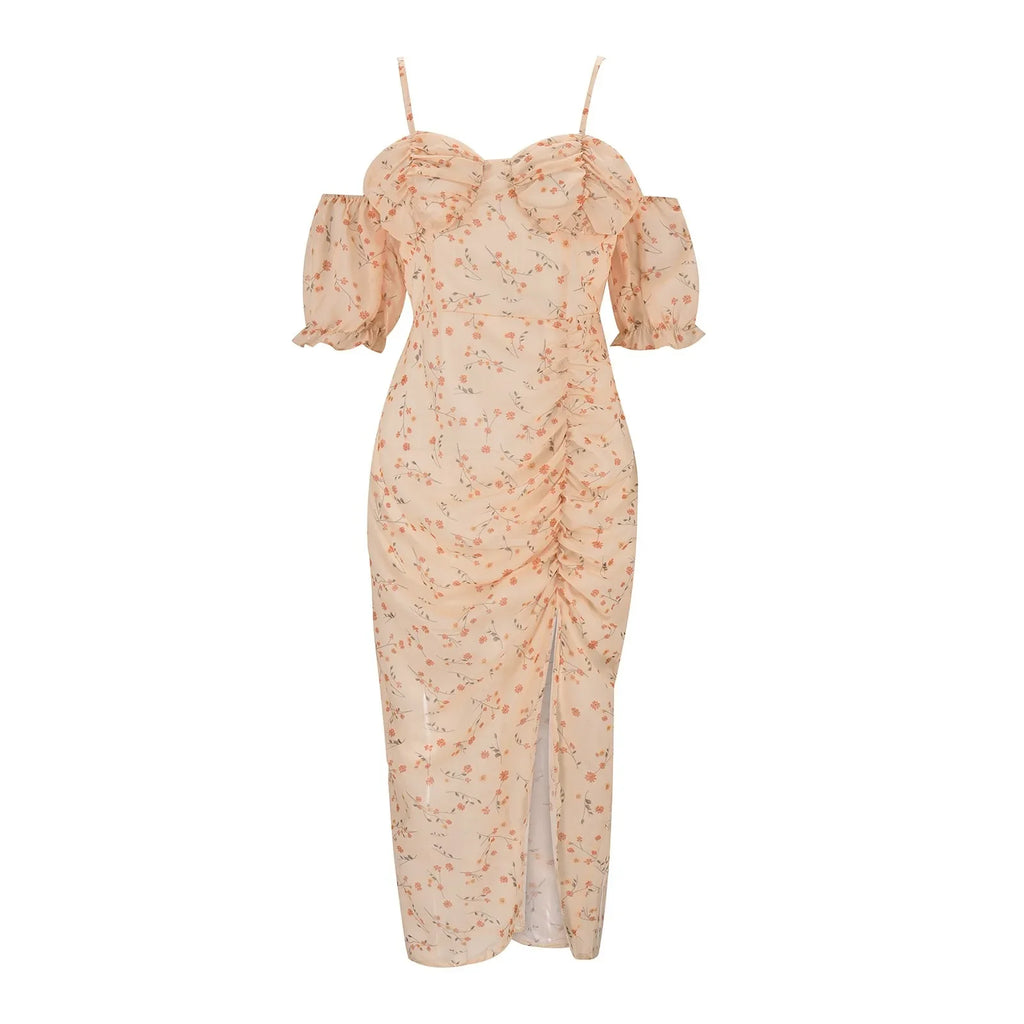Women's Floral Print Long Dresses Elegant Irregular Hem Wrap Chest Chiffon Dress Summer Pleated Wrap Hip Floral Maxi Dress Robe