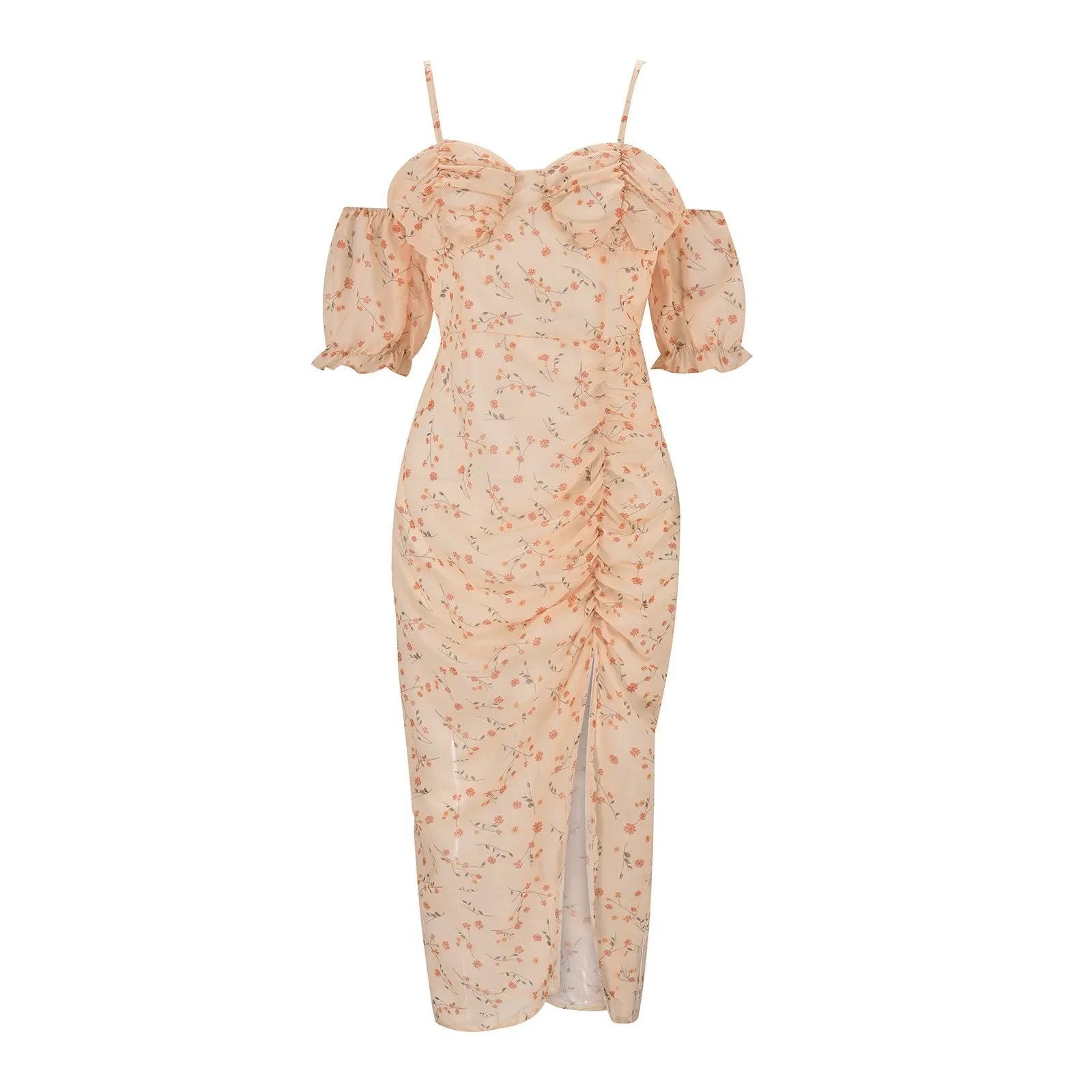 Women's Floral Print Long Dresses Elegant Irregular Hem Wrap Chest Chiffon Dress Summer Pleated Wrap Hip Floral Maxi Dress Robe