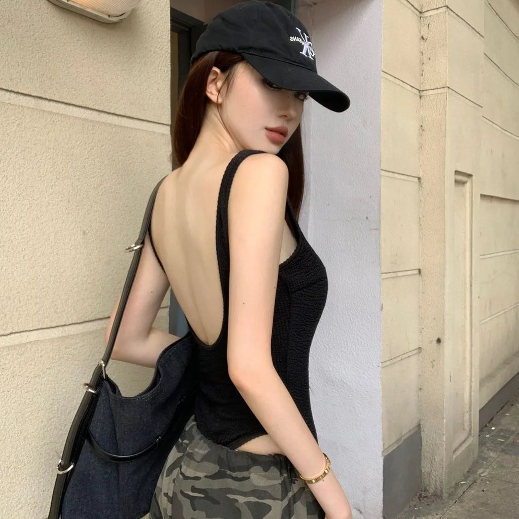 Black Strappy Bodysuit Sexy Backless Ribbed Bodysuit Romper string femme sexy Sleeveless Tank Top gloved bodysuit Body Female