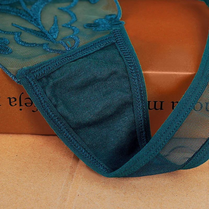 Sexy Embroidered and Hollowed-out Women's Thong, Party Vacation Jacquard Women's Panties - Purple and Green.