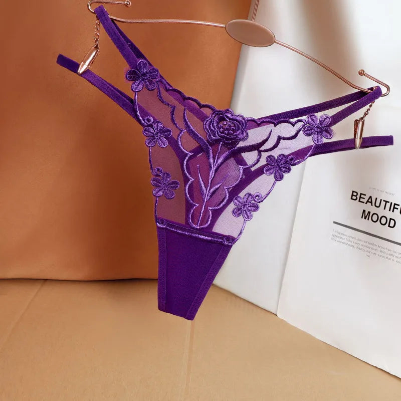 Sexy Embroidered and Hollowed-out Women's Thong, Party Vacation Jacquard Women's Panties - Purple and Green.