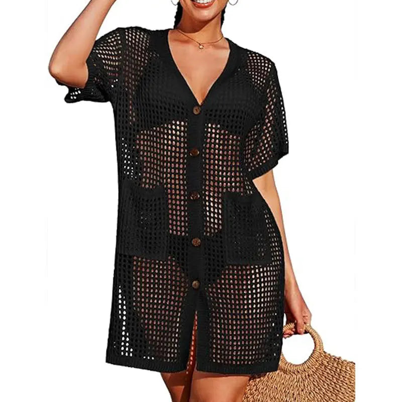 Beach Shirt Hollow Knitted Short Sleeve Cardigan Seaside Vacation Swimsuit Sunscreen Clothes Women