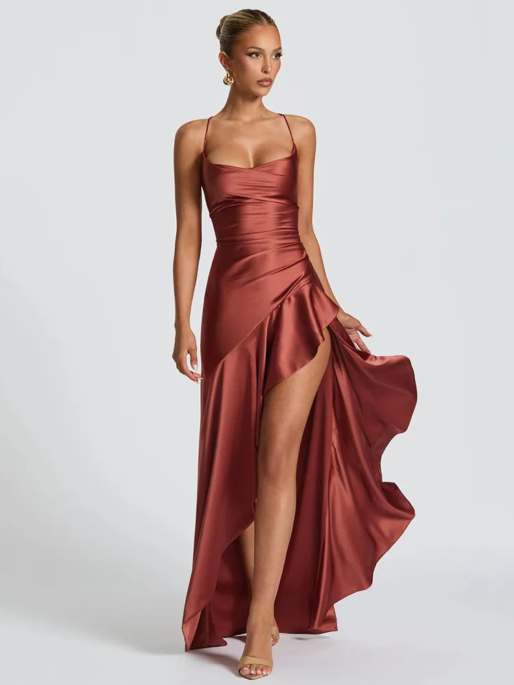 Articat Elegant Spaghetti Strap Satin Split Maxi Dress Women Sexy Backless Bodycon Party Evening Dress Summer