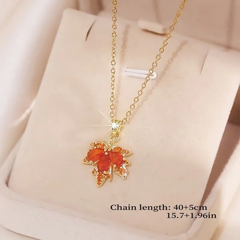 Red Maple Leaf Pendant Necklace and Earrings Two-Piece Set, Niche Light Luxury Women's Earrings and Necklace Set Birthday and New Year Gift