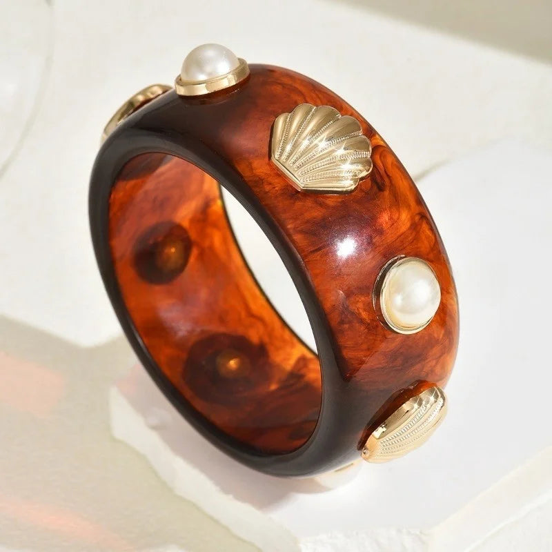 DIEZI Exaggerated Resin Pearl Shell Wide Bangles Vintage Fashion Geometric Round Bracelet Bangle For Women Men Gift Jewelry