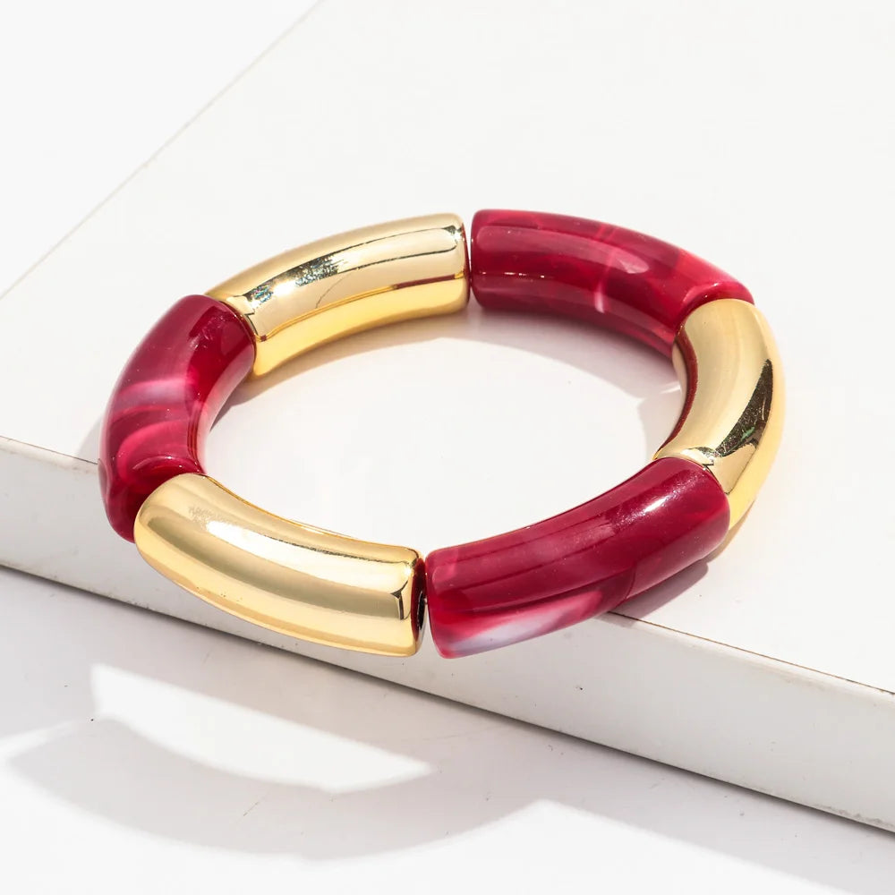 Bohemia Gold Silver Color Acrylic Chunky Bamboo for Women Bracelets Boho Resin Curved Tube Stretchy Bangle Fashion Jewelry