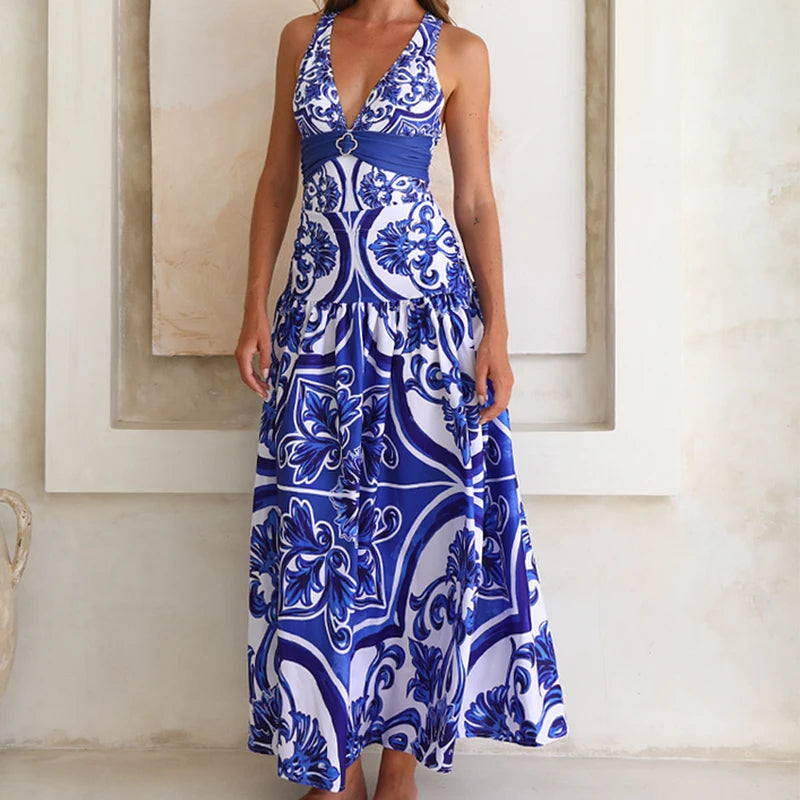 Woman Swimsuits 2025 Beach Dress V Neck Classic Majolica Series Pattern Print One Piece Swimsuit and Pants or Shorts Beachwear