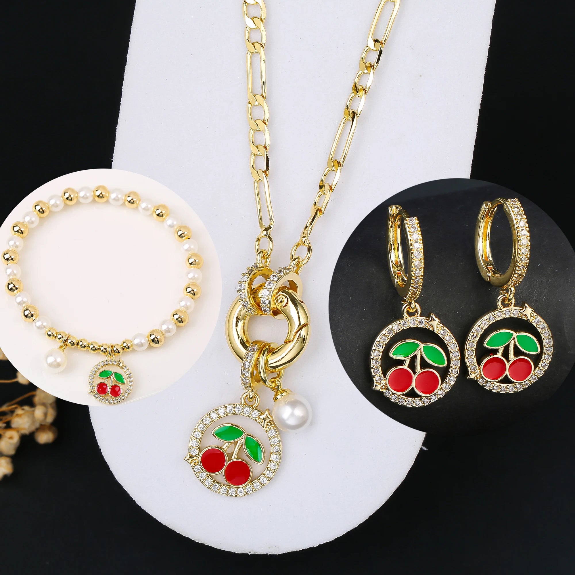 3pcs Hot Sale Shiny Zirconia Crystal Cherry Necklace Bracelet Earrings Jewelry Set Fashion for Woman Girl Wedding Lucky Jewelry