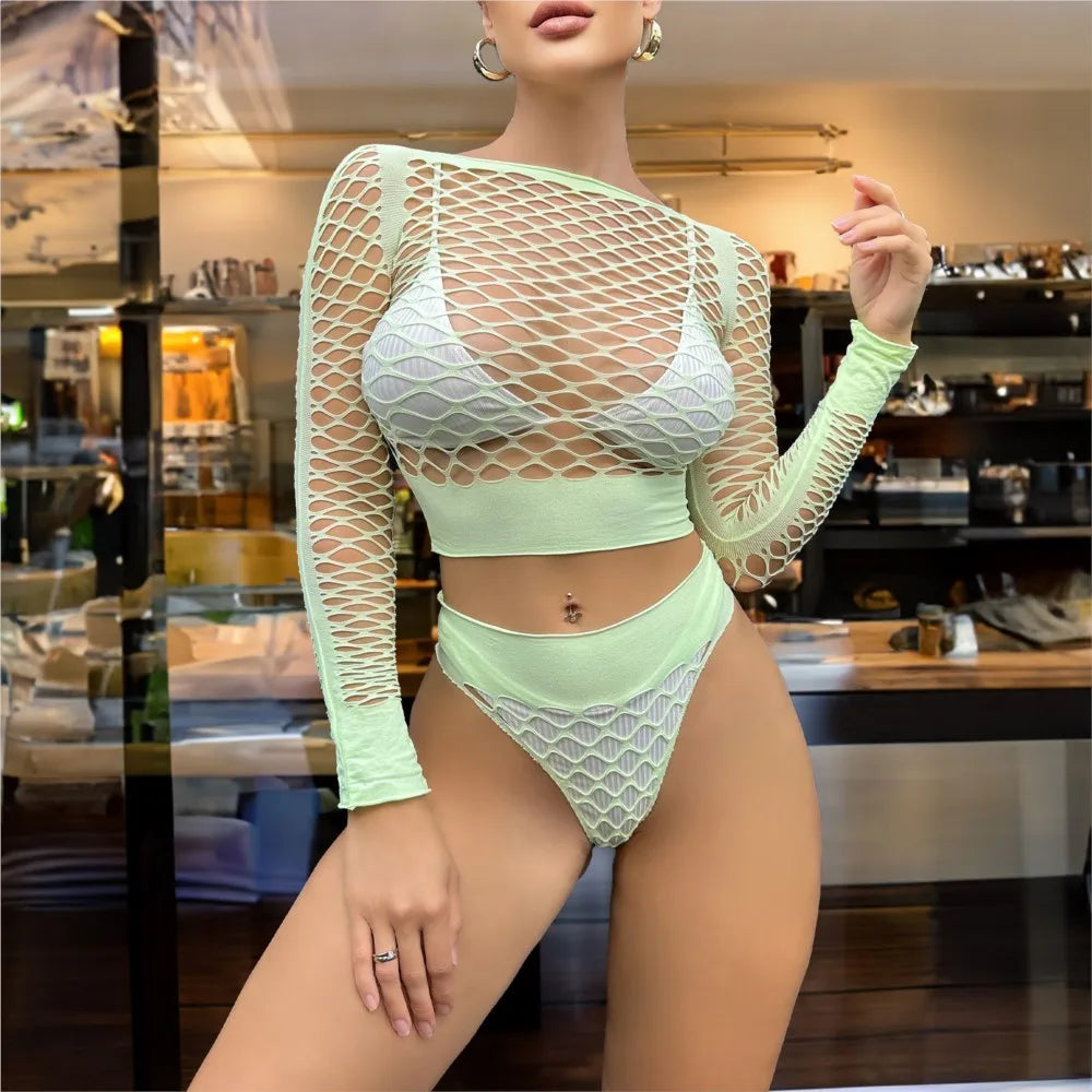 Fluorescent green glow in the dark hollow bikini two-piece set fishing net fun women's hood Beach swimsuits woman 2025 Sex shop