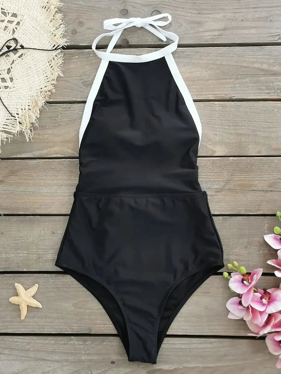 One Piece Halter Women's Swimsuit 2024 Trend New Solid Monokini Sports Swimwear Beach Push-Up Bathing Suit High Waist Bodysuit